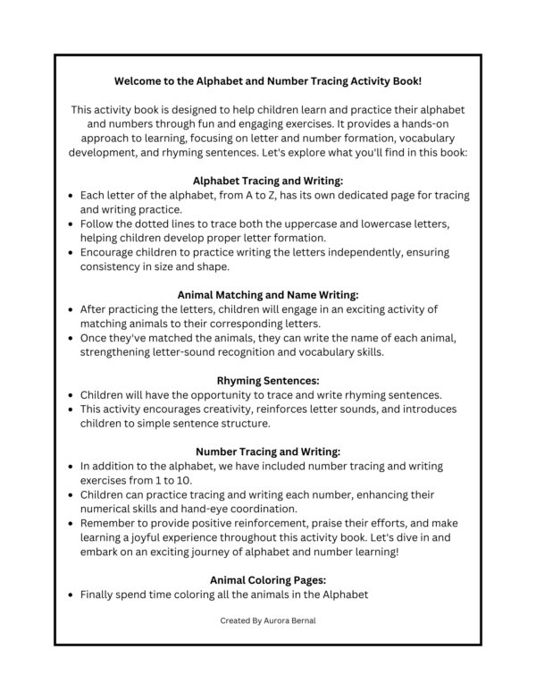 Alphabet and Number Tracing Activity Workbook for Kids, Tracing, Matching, Writing and Coloring